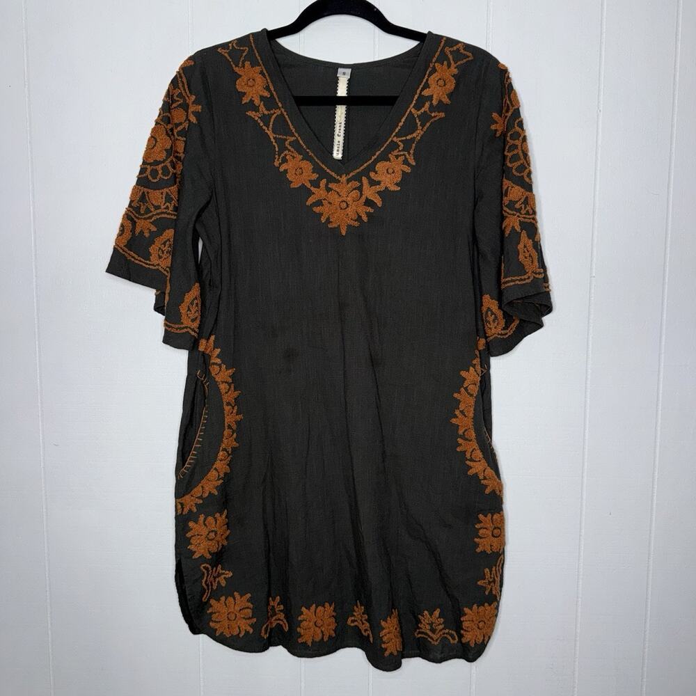 Uncle Frank Women’s Embroidered Shirt Dress Pockets Orange Gray Size Small